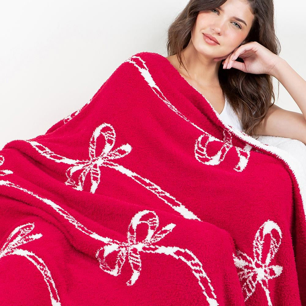 Christmas Super Soft Candy Cane Stripes and Bow Print Brushed Poly Microfiber Throw Blanket