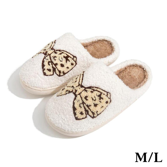 Plush Leopard Print Bow Slide On Slippers Size: M/L (8-10)