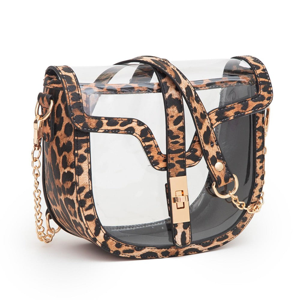 Clear Tote Bag With Vegan Leather Trim Featuring Twist Lock Buckle Closure - Leopard