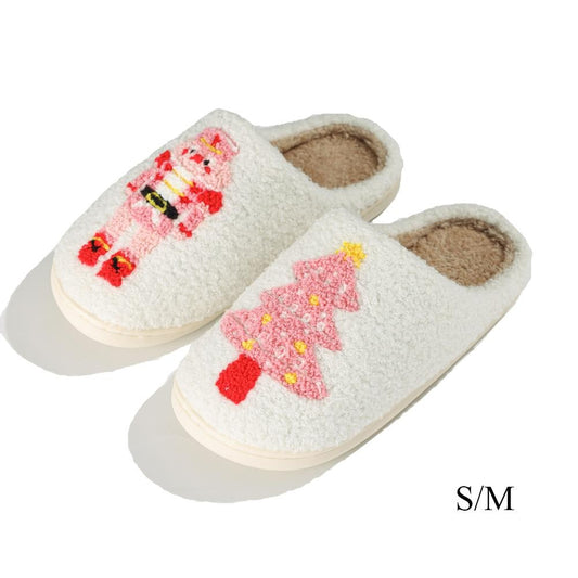 Plush Nutcracker & Christmas Tree Slide On Slippers - Size: S/M (6-8)