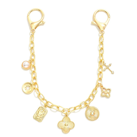 Gold Tone Bag Chain Featuring Rhinestones, Pearl, & Metal Tone Charms