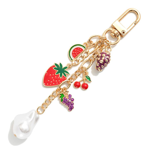 Chain Link Bag Charm Featuring Fruit & Pearl Charms