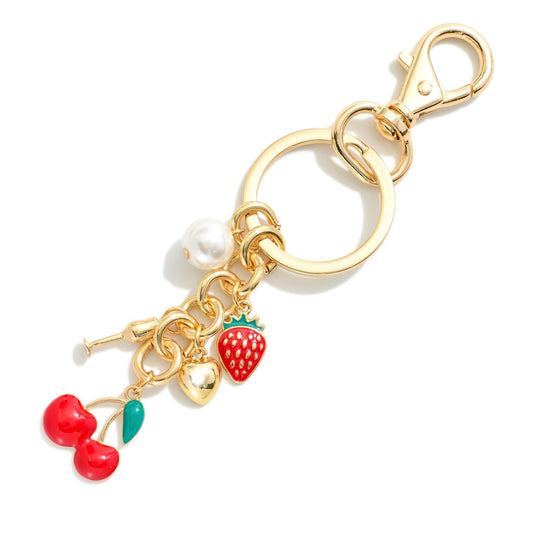 Chain Link Key Chain Featuring Enamel Cherries, Strawberries, & Pearl Charms