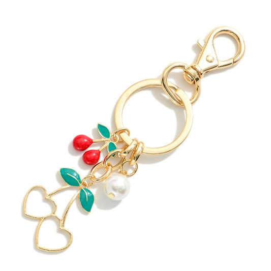 Chain Link Key Chain Featuring Cherries & Pearl Charms