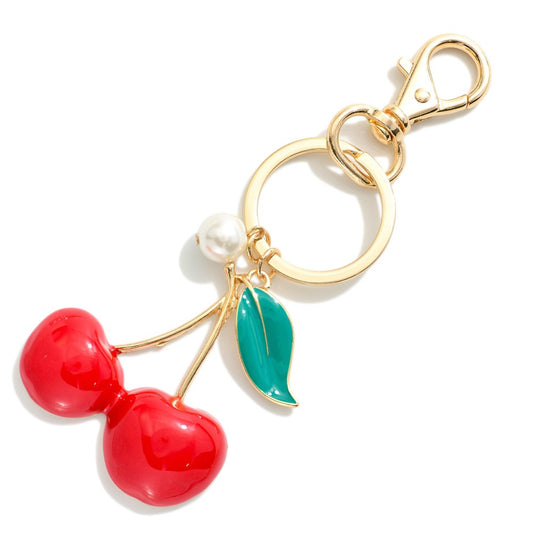 Enamel Cherries & Pearl Key Ring