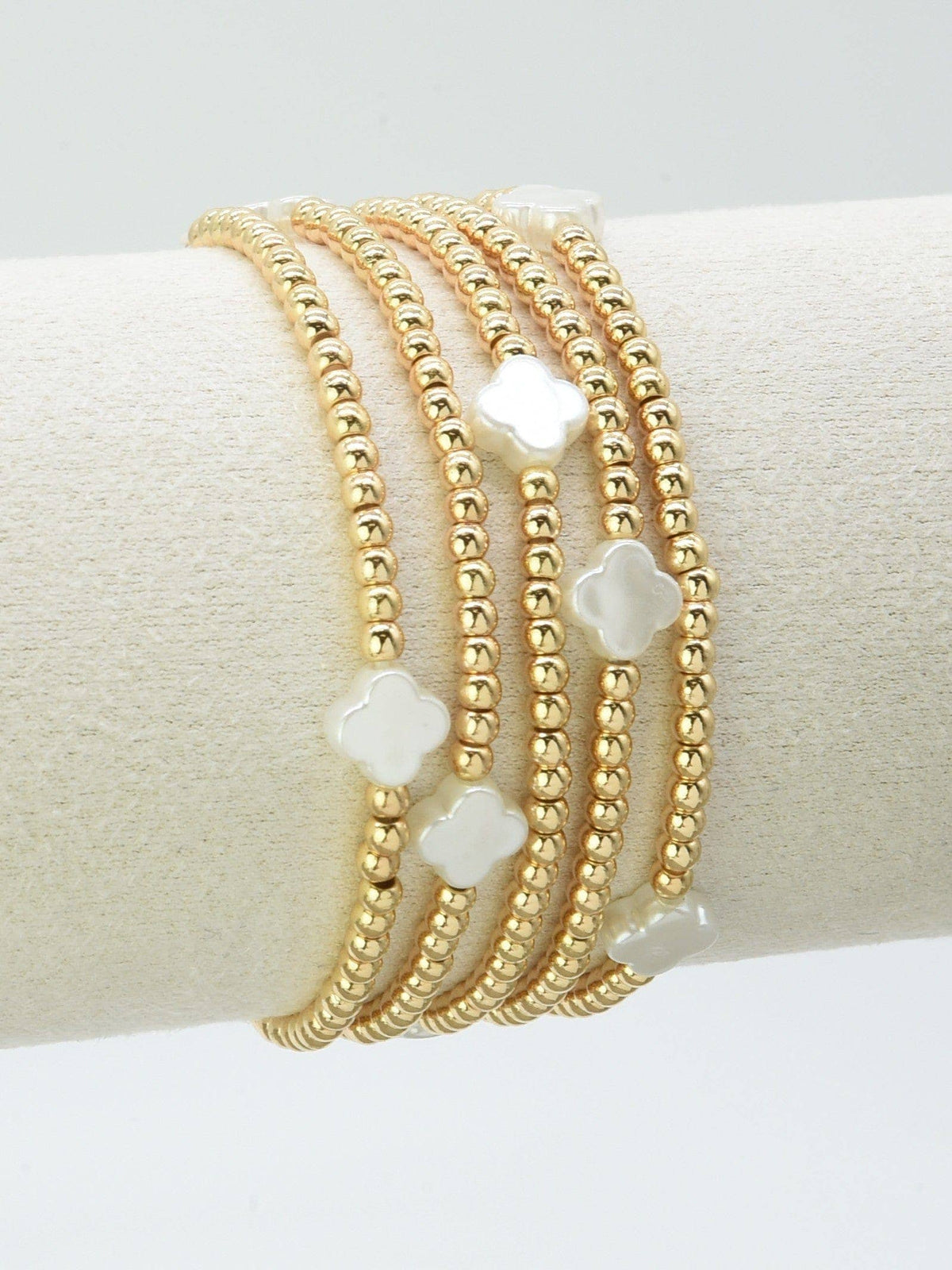 Silver & Cream Clover Beaded Stretch Bracelet Stack Set of 5