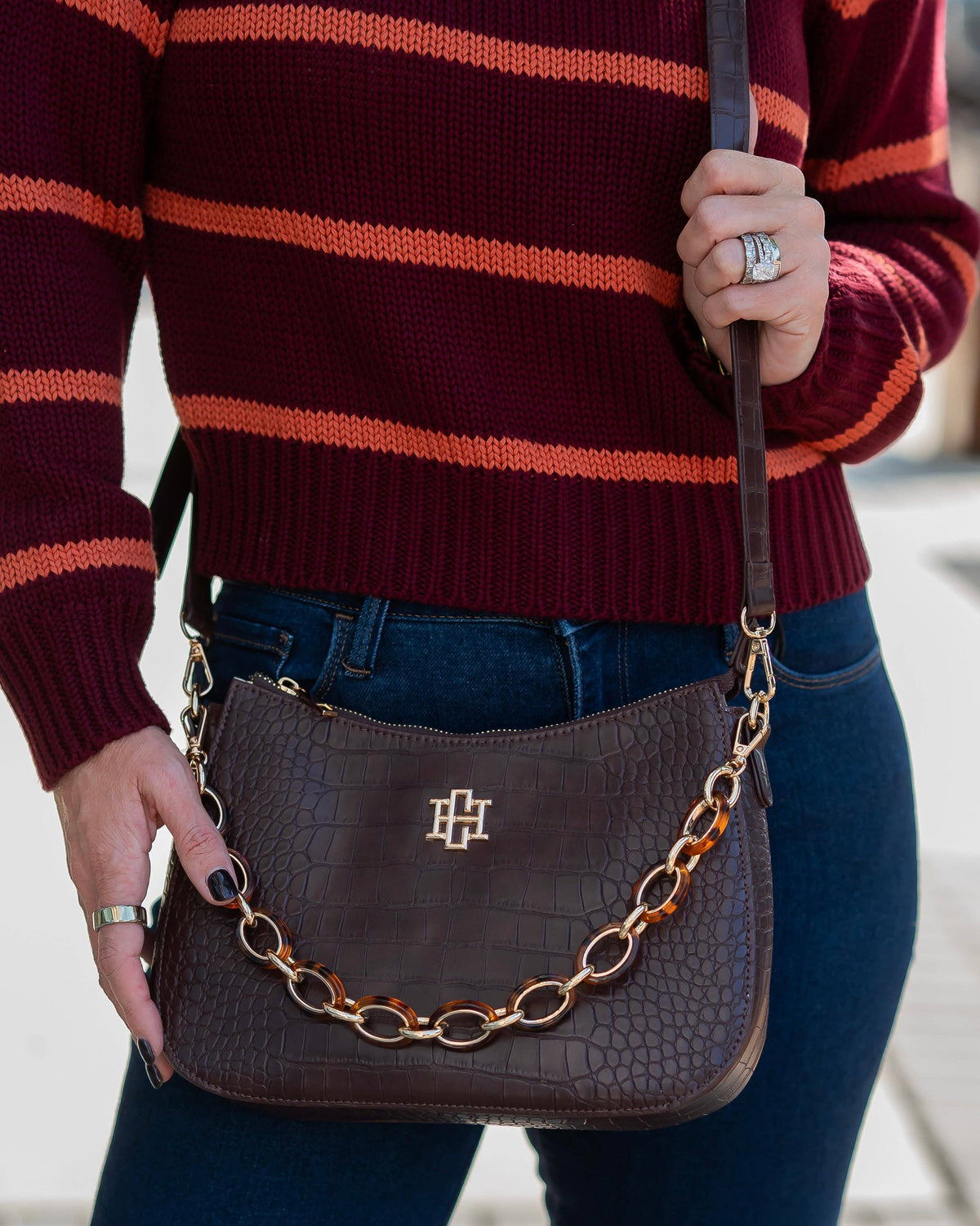 Caroline Hill Charlee Chocolate Brown Croc Embossed Crossbody Bag