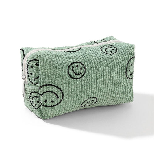 Happy Face Corduroy Makeup Pouch Green