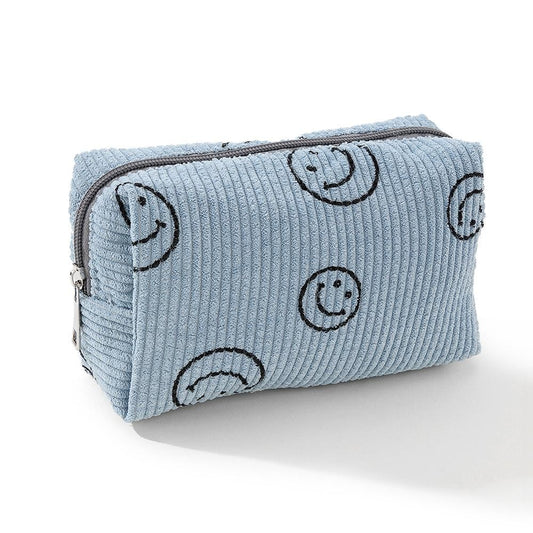 Happy Face Corduroy Makeup Pouch Blue