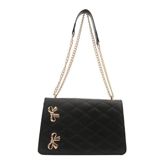 Vegan Leather Quilted Cross Body Tote Bag Featuring Metal Bow Details - Black