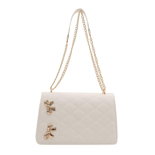 Vegan Leather Quilted Cross Body Tote Bag Featuring Metal Bow Details - White