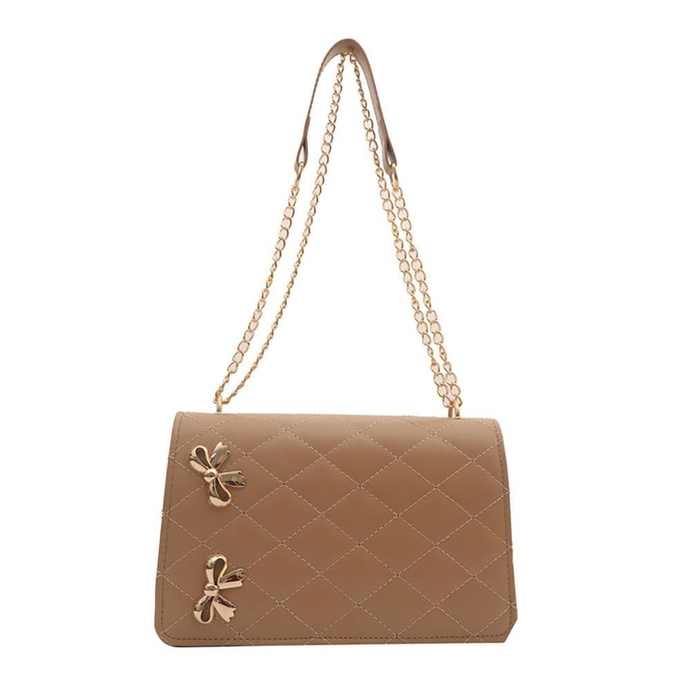 Vegan Leather Quilted Cross Body Tote Bag Featuring Metal Bow Details - Brown