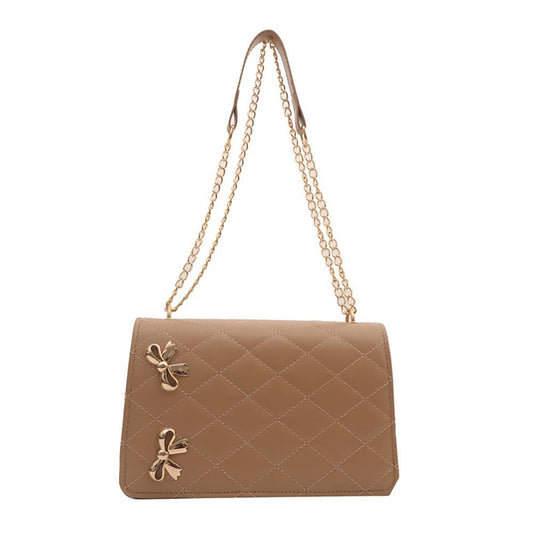 Vegan Leather Quilted Cross Body Tote Bag Featuring Metal Bow Details - Brown