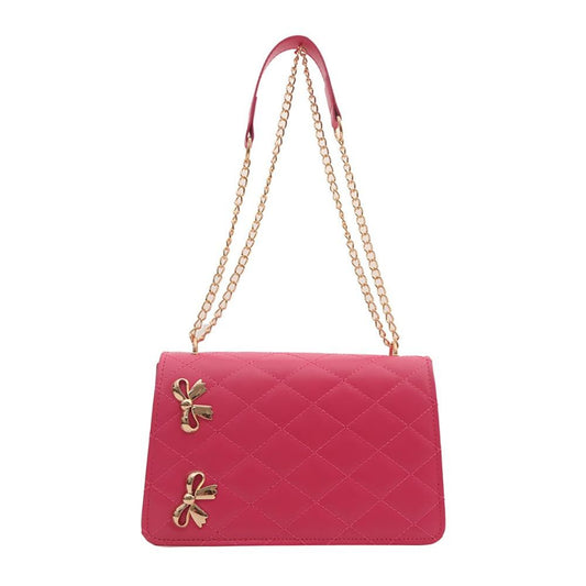 Vegan Leather Quilted Cross Body Tote Bag Featuring Metal Bow Details - Hot Pink