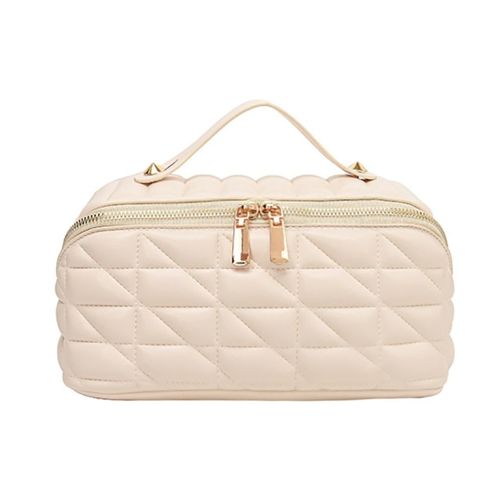 Quilted Vegan Leather Travel Makeup Bag - White