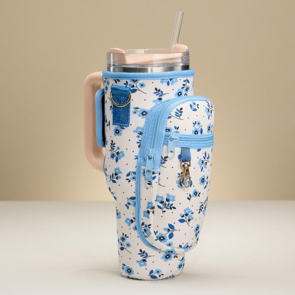 Crossbody Petite Blue Flowers Neoprene Tumbler Holder