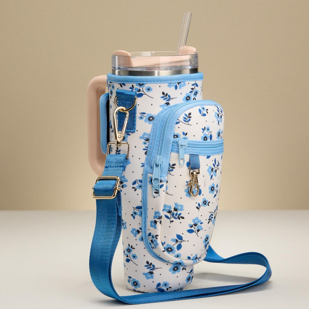 Crossbody Petite Blue Flowers Neoprene Tumbler Holder
