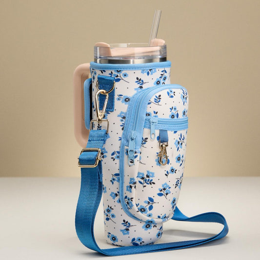 Crossbody Petite Blue Flowers Neoprene Tumbler Holder