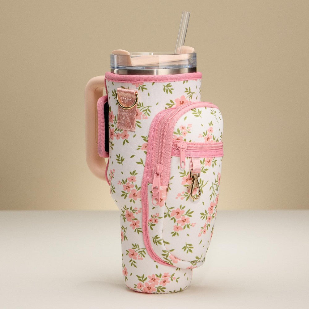 Crossbody Petite Pink Flowers Print Neoprene Tumbler Holder
