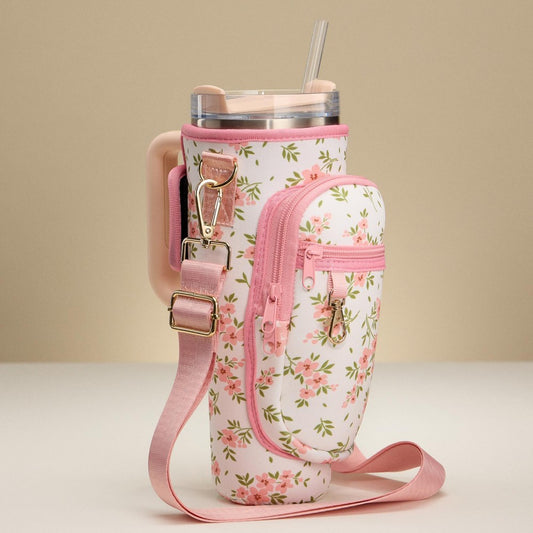 Crossbody Petite Pink Flowers Print Neoprene Tumbler Holder