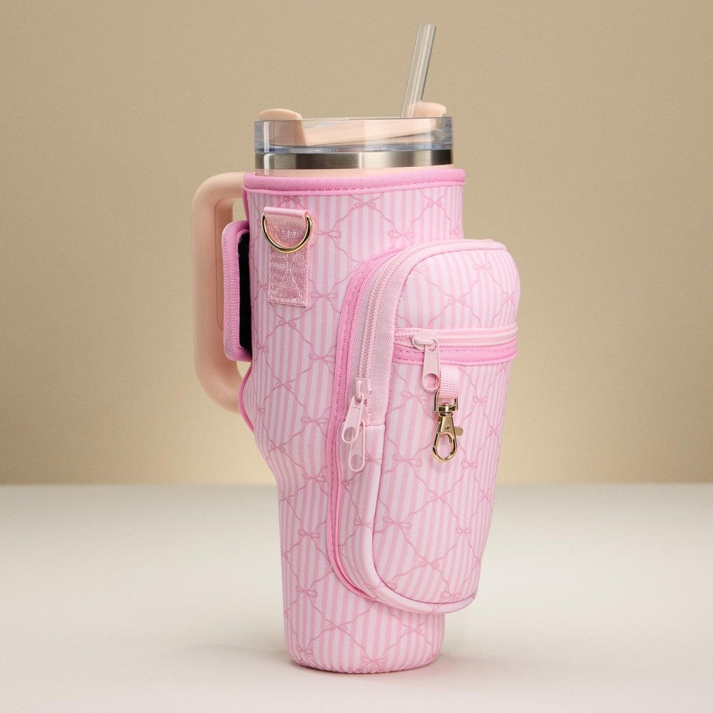 Crossbody Stripes & Bows Print Neoprene Tumbler Holder