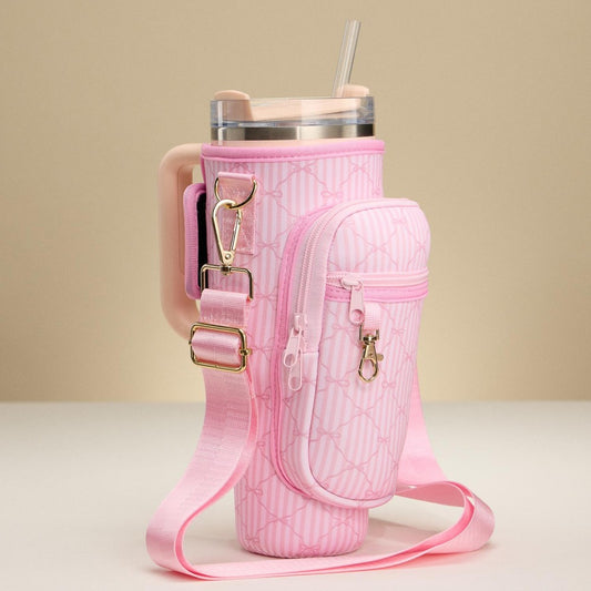 Crossbody Stripes & Bows Print Neoprene Tumbler Holder