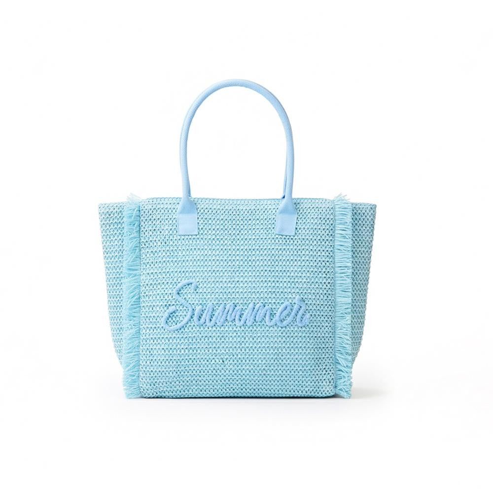 Woven Straw & Gold Lurex "Summer" Bag With Fringe Detail - Blue