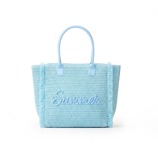 Woven Straw & Gold Lurex "Summer" Bag With Fringe Detail - Blue