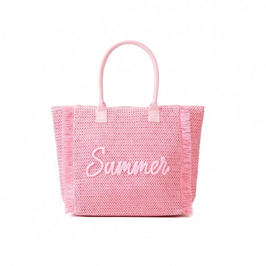 Woven Straw & Gold Lurex "Summer" Bag With Fringe Detail - Pink