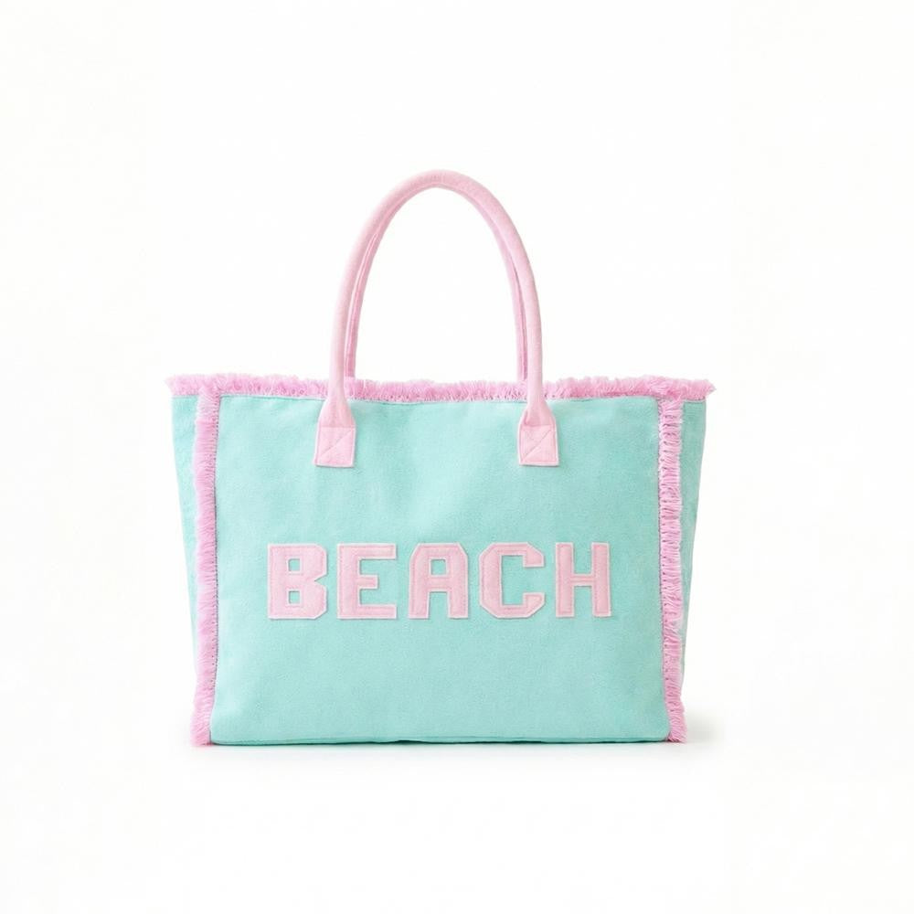 "BEACH" Terry Cloth Striped Tote Bag With Fringe Detail - Mint
