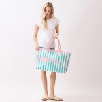 "BEACH" Terry Cloth Striped Tote Bag With Fringe Detail