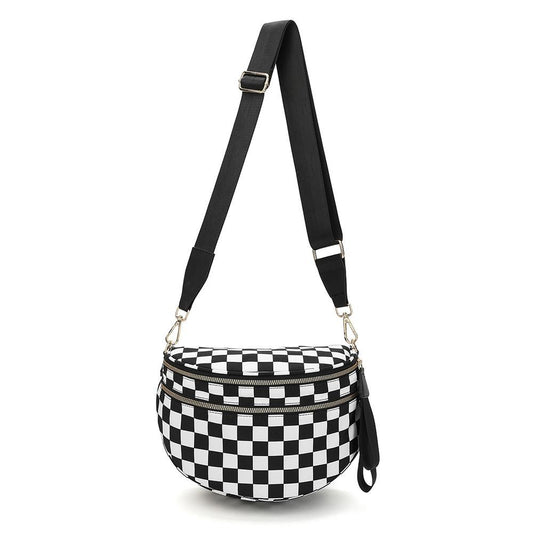 Nylon Cross Body Bag With Canvas Strap - Black Checker