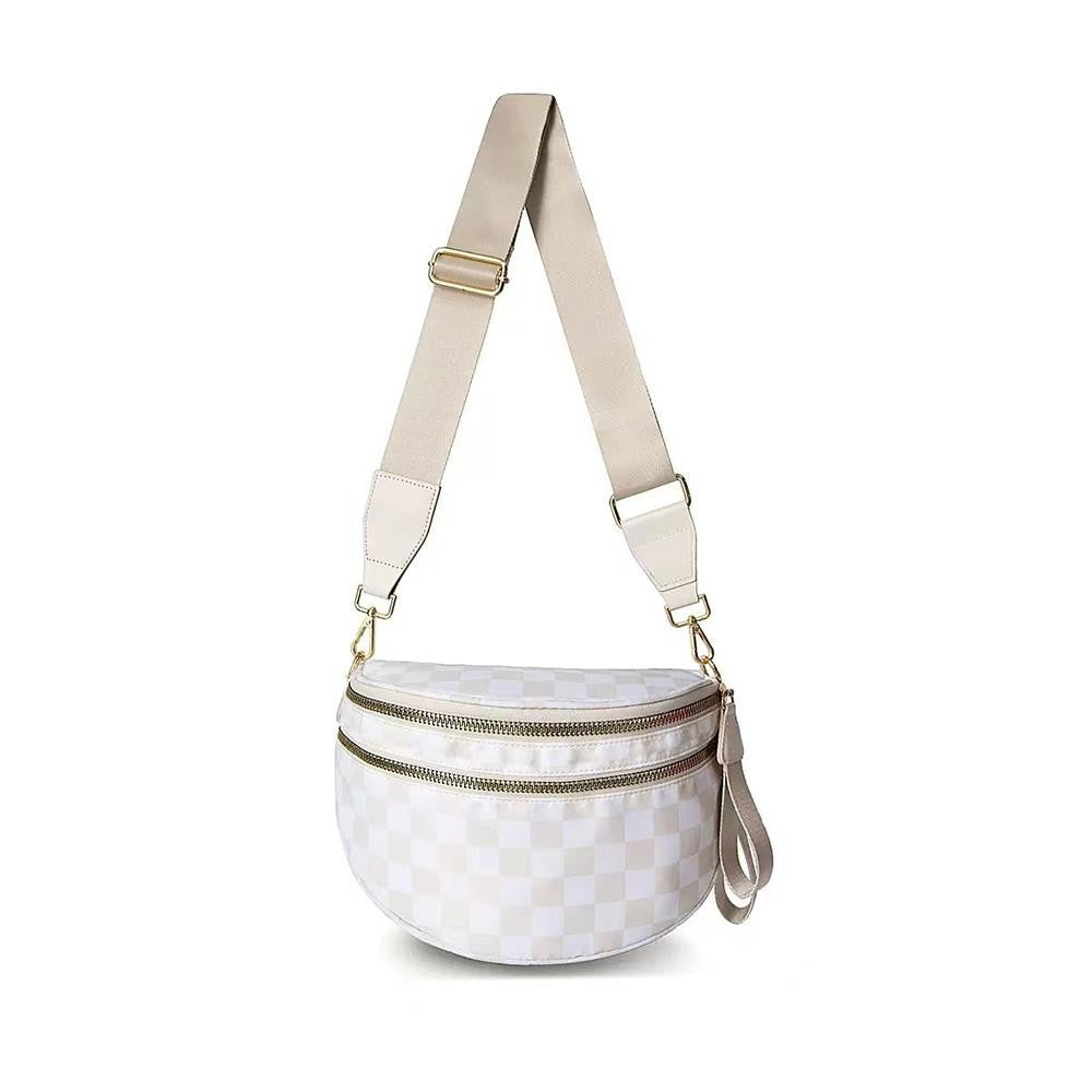 Nylon Cross Body Bag With Canvas Strap - Cream Checker