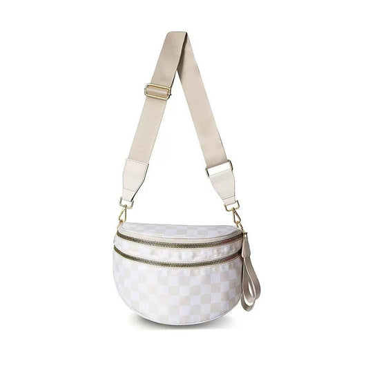 Nylon Cross Body Bag With Canvas Strap - Cream Checker