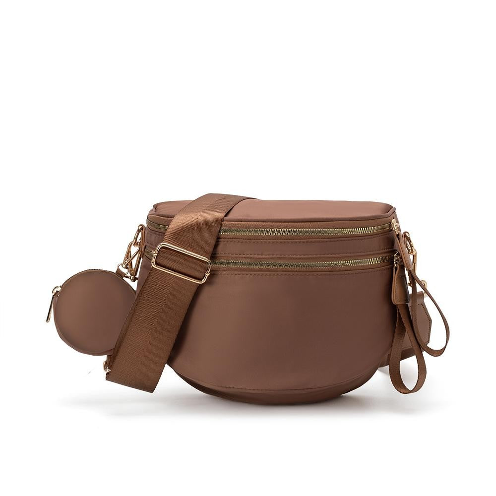 Nylon Cross Body Bag With Canvas Strap - Brown