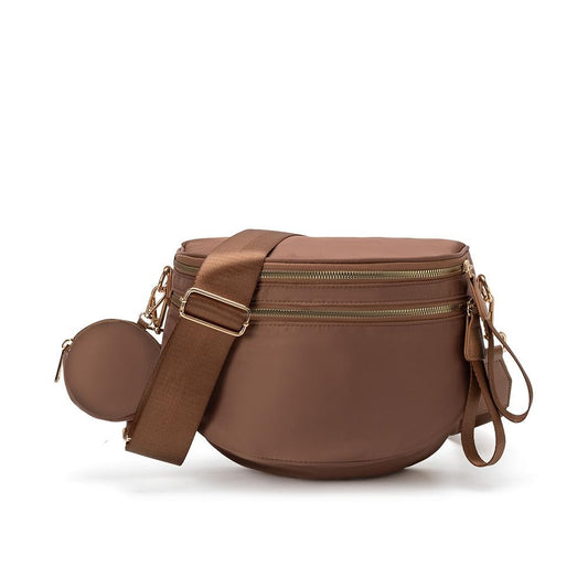 Nylon Cross Body Bag With Canvas Strap - Brown