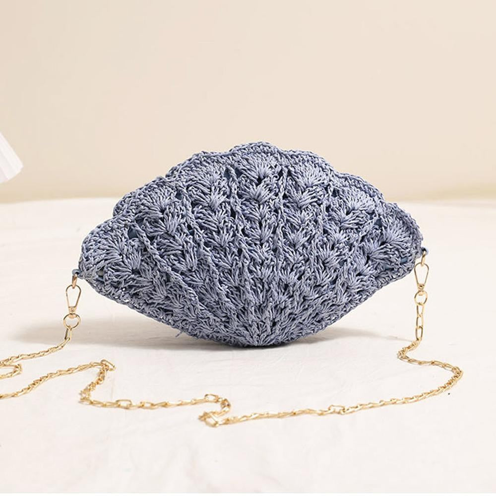 Woven Straw Shell Crossbody Bag With Chain Link Strap - Blue