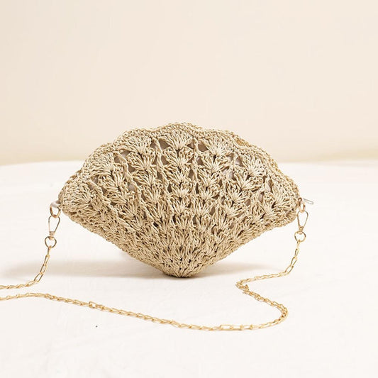 Woven Straw Shell Crossbody Bag With Chain Link Strap - Tan