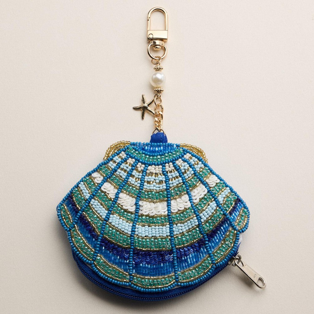 Seed Beaded Shell Pouch Key Ring - Blue
