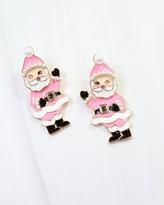 Caroline Hill Jingling Santa Dangle Earrings Pink Enamel Christmas