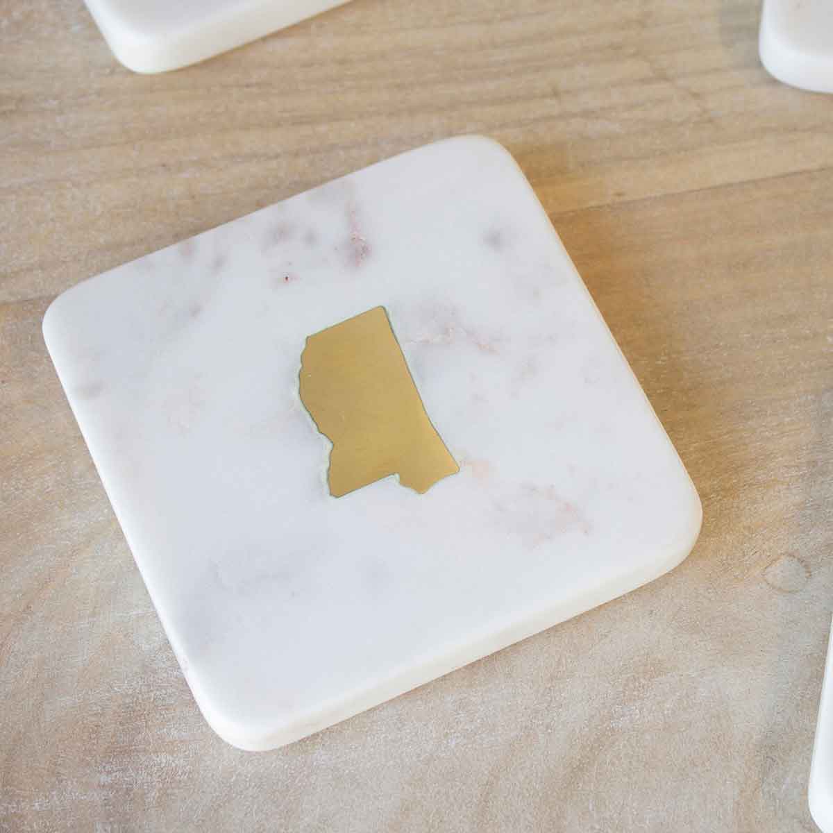 Mississippi Marble Coasters  White/Brass 4x4 Set of 4