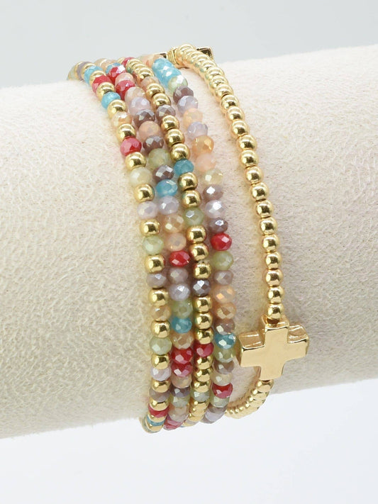 Multicolor & Gold Cross Beaded Stretch Bracelet Stack Set of 5