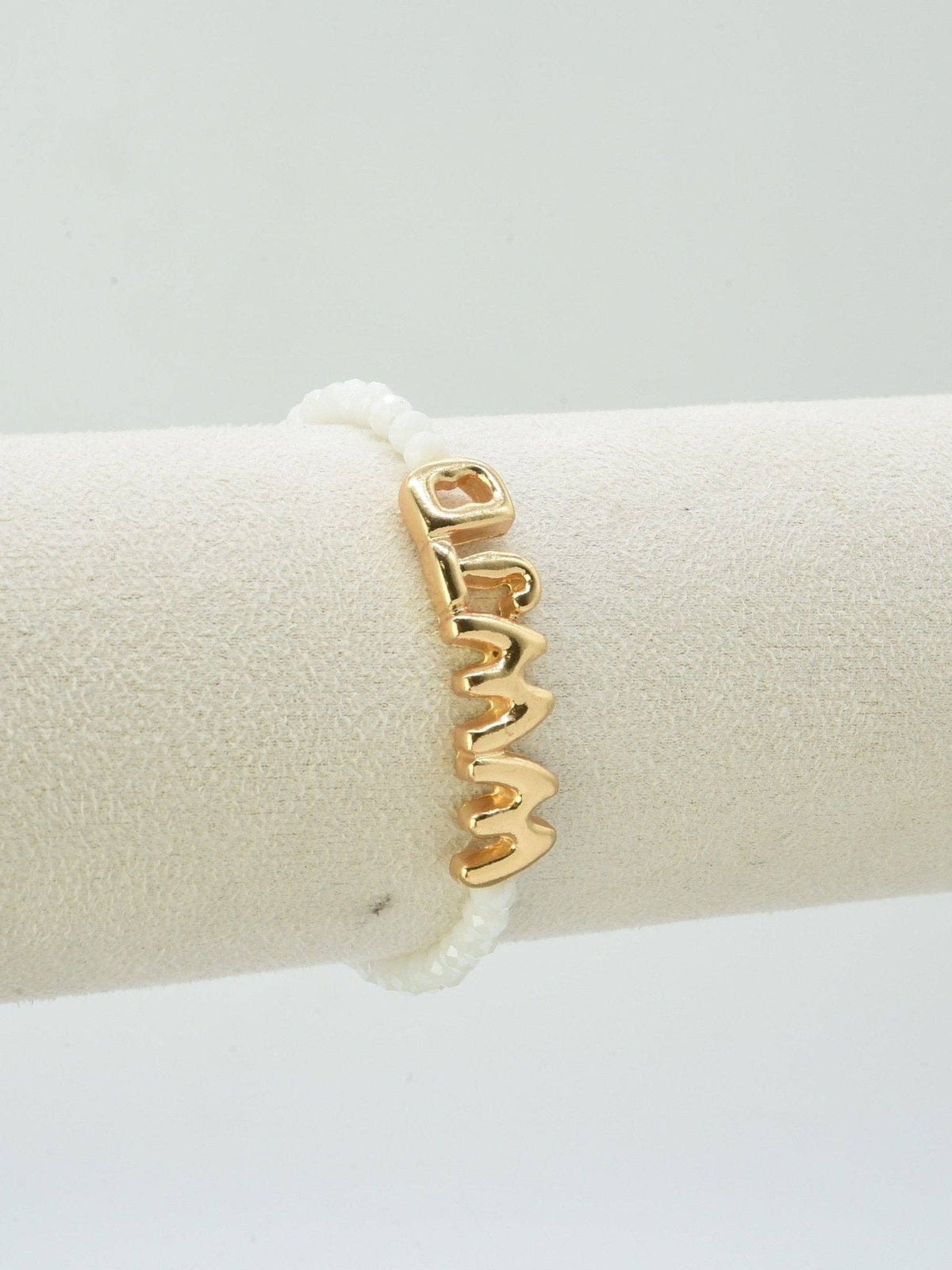 WWJD White Iridescent & Gold Glass Beaded Stretch Bracelet