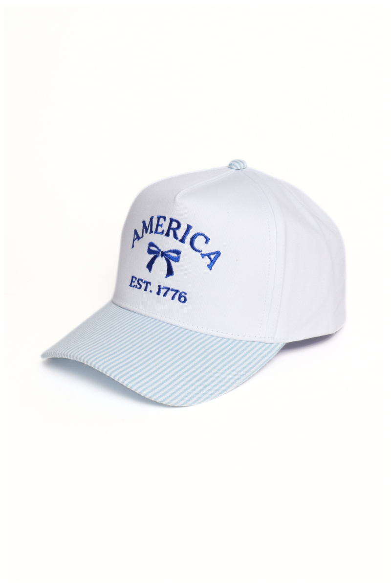 AMERICA EST. 1776 BOW Embroidered Stripe Print Two Tone Cap: Blue