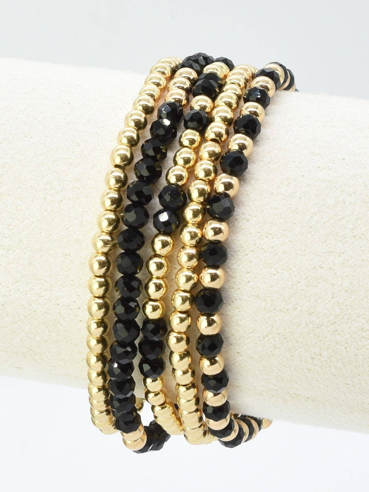 Black & Gold Glass Beaded Stretch Bracelet Stack Set of 5