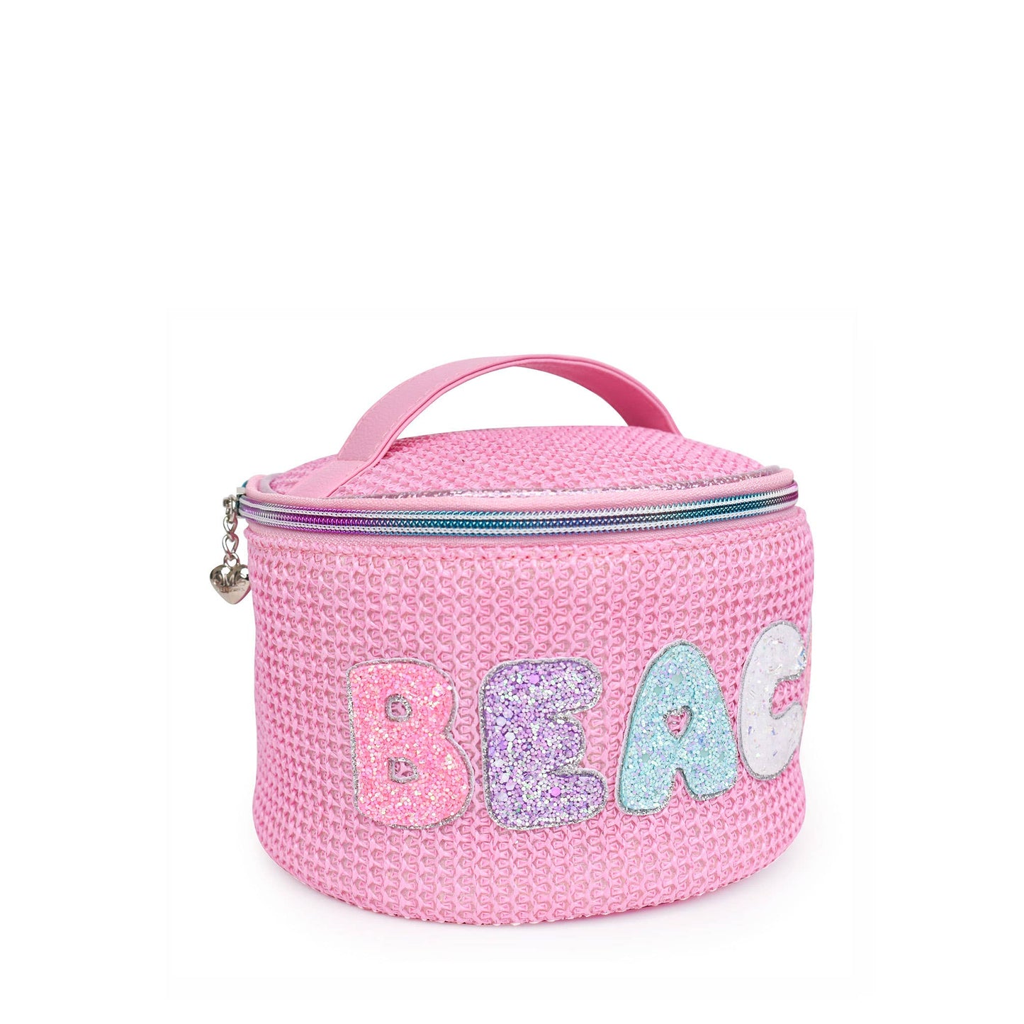 'Beach' Pink Straw Round Glam Bag