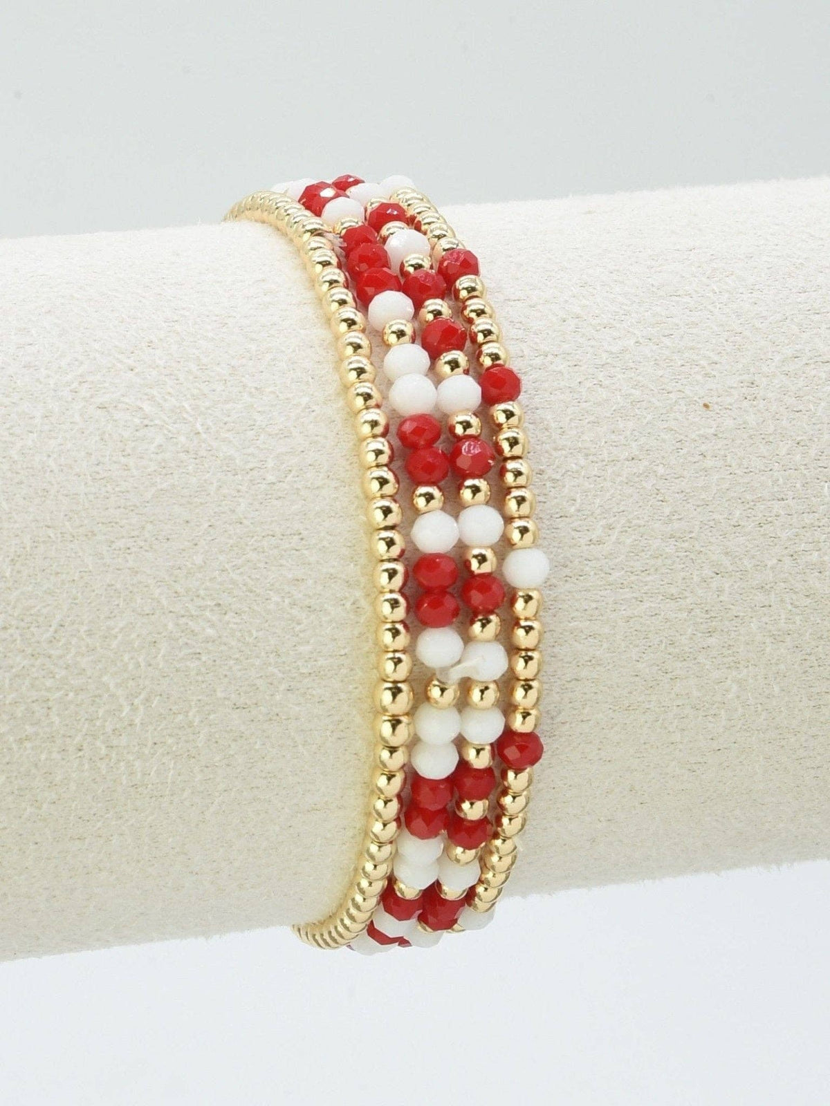 Red White & Gold Beaded Stretch Bracelet Stack Set of 4