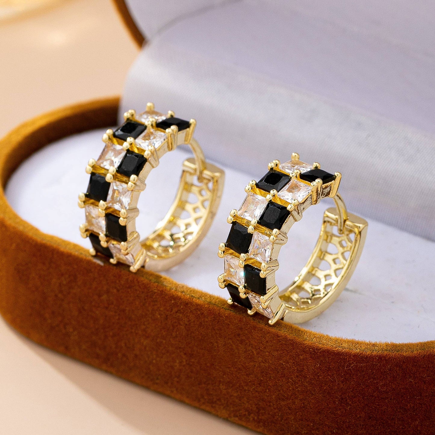 Checker Black & Crystal Baguette Hoop Earrings |GOLD