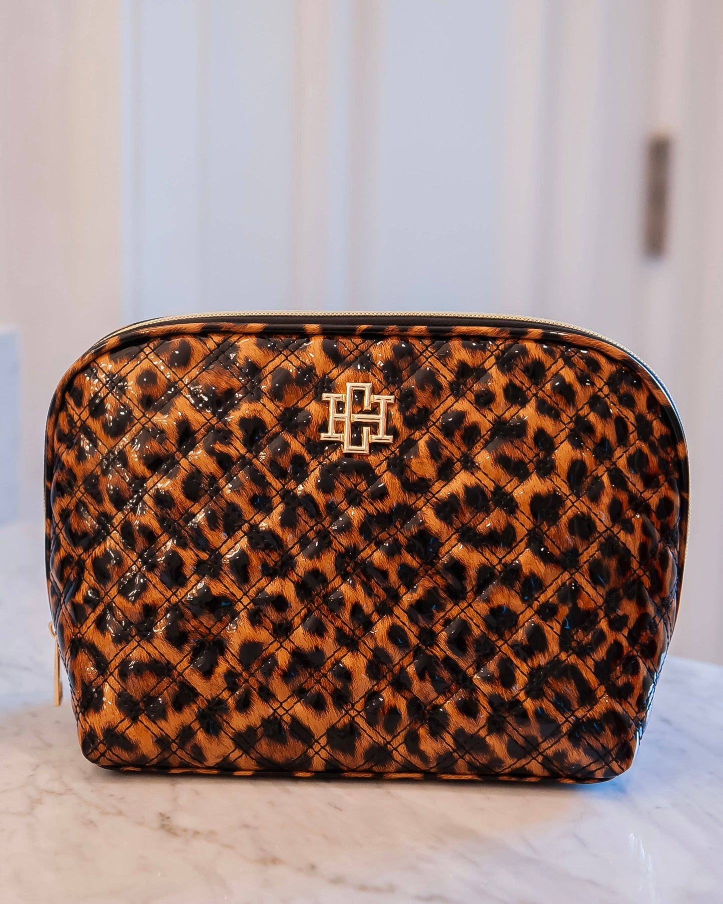 Caroline Hill Ibiza Leopard Patent Small Cosmetic Travel Pouch