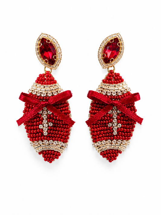 Crimson Bow Beaded Football Statement Earrings